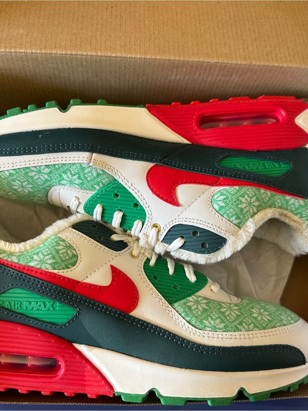 Nike Air Max 90 “Christmas Sweater”Sneakers in White, Green & Red